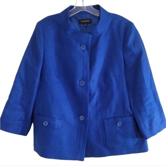 Talbots 100% Linen Royal Blue Blazer Jacket 12 Lined 3 Button Front Patch Pocket - Picture 1 of 5